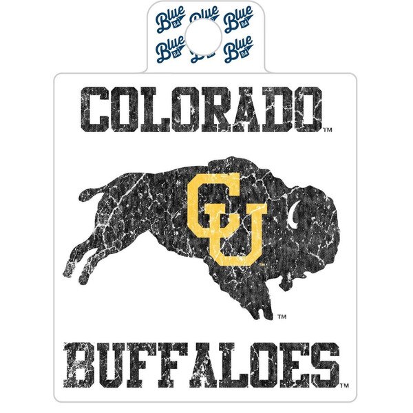 A sticker with a vintage design, featuring the CU buffalo logo in the center and "Colorado" written above with "Buffaloes" below in black.
